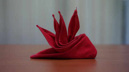 red napkin folds in the shape of a chicken's combの写真素材