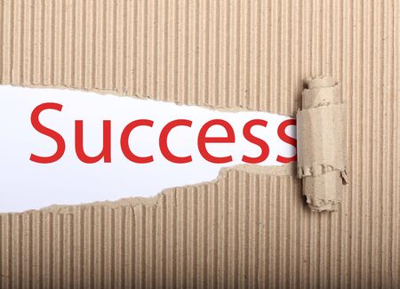 Success text on white paper with copy space and torn cardboxの写真素材