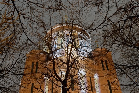 cathedral photographed on a winter night, the light of lanterns, trees without leavesの写真素材