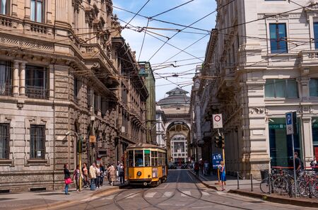 Milan, Italy - May 25, 2016: View of the Galleria Vittorio Emanuele II by Piazza Cordusio. In the...