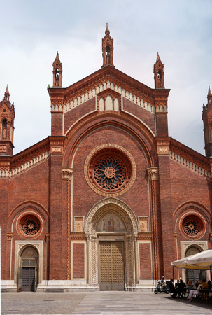 Milan, Italy - May 25, 2016: Santa Maria delle Grazie church. Tourists eat at an outdoor cafe.のeditorial素材