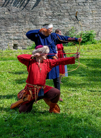 Koporje, Leningrad region, Russia - July 21, 2012: Reconstruction of knightly duels and battle chivalrous life camp, tents. The tournament archers.のeditorial素材