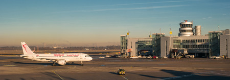 Dusseldorf, Germany - January 21, 2017: The plane landed and moves to the terminal.のeditorial素材