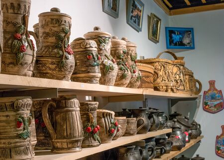 Ruskeala, Sortavala, Republic of Karelia, Russia - June 12, 2017: Marble quarry in Ruskeala Park Products of national crafts, souvenirs.のeditorial素材