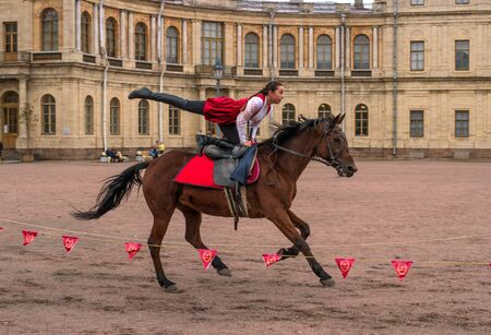 Gatchina, St. Petersburg, Russia - September 30, 2017: Horse show of Cossacks on the parade ground of the Gatchina Palace on the day of the anniversary of Emperor Paul I.のeditorial素材