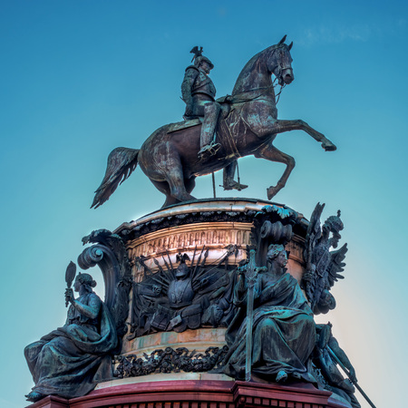 St. Petersburg, Russia - September 24, 2017: The Monument to Nicholas I, a bronze equestrian monument of Nicholas I of Russia on St Isaac's Square in front of Saint Isaac's Cathedral.のeditorial素材