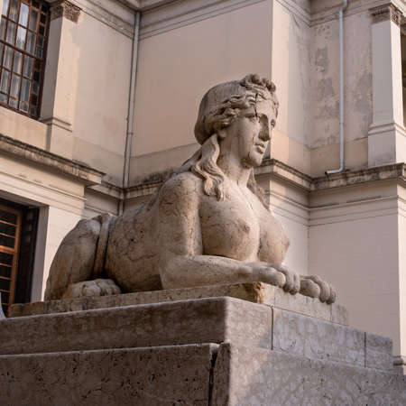 Conegliano, Italy - October 13, 2017: Sculpture of a female lion at the entrance to the Academy. Left view.のeditorial素材