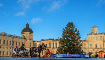 Gatchina, Russia - January 7, 2018: Gatchina Palace, New Years Fair on the parade ground.のeditorial素材