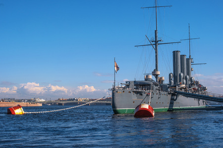 Saint Petersburg, Russia-April 28, 2018: The Cruiser Aurora. View from the stern of the ship. The ship is moored at Petrogradskaya embankment and is a Museum. It is visited by many tourists.のeditorial素材