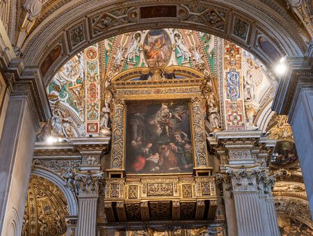 Bergamo, Italy - May 10, 2018: Ceiling and stucco ornaments, murals in the Basilica of Santa Maria...