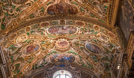 Bergamo, Italy - May 10, 2018: Ceiling and stucco ornaments, murals in the Basilica of Santa Maria...