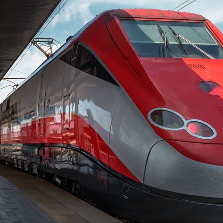 Venice, Italy - 08 May 2018: The locomotive of the high-speed train Trenitalia at the railway...