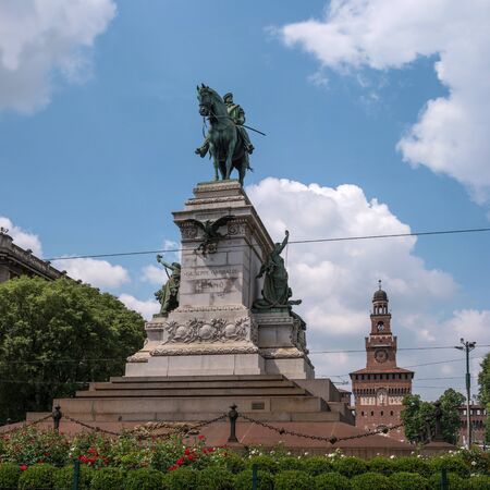 Milan, Italy - 09 May 2018: Statue of Giuseppe Garibaldi on Caioli Square. The monument depicts Garibaldi on horseback. The sculptor Ettore Jimenez. Behind the monument is the Sforza Castleのeditorial素材