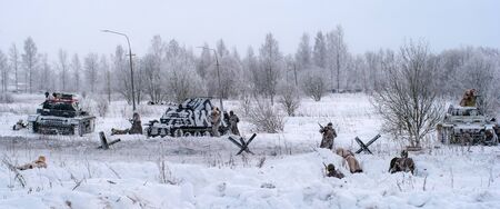 Krasnoye Selo, St. Petersburg, Russia - January 19, 2019: Military historical reconstruction - the battle for Leningrad. The battle of the Soviet Red Army against Hitlers German troopsのeditorial素材