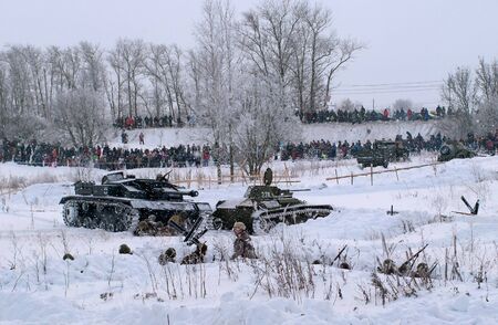 Krasnoye Selo, St. Petersburg, Russia - January 19, 2019: Military historical reconstruction - the battle for Leningrad. The battle of the Soviet Red Army against Hitlers German troopsのeditorial素材