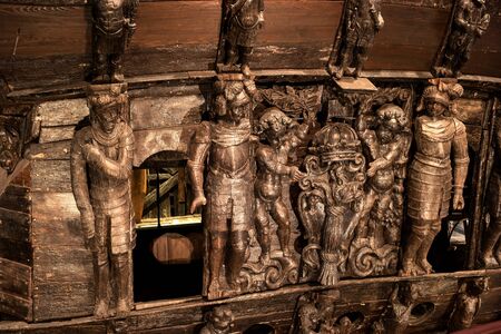 Stockholm, Sweden - April 20, 2019: Old sailing ship Vasa. Vasa Museum in Stockholm. Carved wooden...