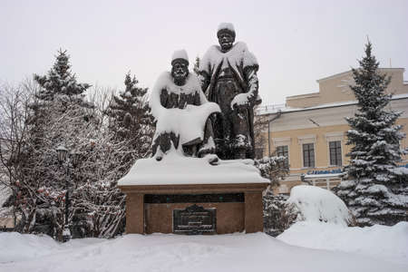 Kazan, Russia - January 10 2021: Monument to the architect of the Kazan Kremlin. It is located at the walls of the Annunciation Cathedral in the Kazan Kremlinのeditorial素材