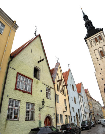 Tallinn, Estonia - November 05 2021: Medieval houses in the old town of Tallinn. Narrow old street. Medieval architectureのeditorial素材