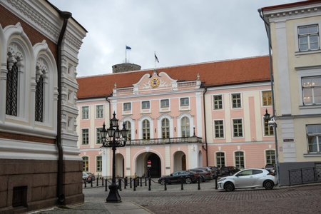 Tallinn, Estonia - November 05 2021: The Estonian Parliament building, Riigikogu, Toompea Castle on Toompea Hill, on the left is the Alexander Nevsky Cathedralのeditorial素材