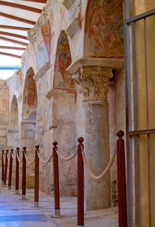 Demre, Turkey - April 26, 2014: Ancient fresco on the wall in St. Nicholas Church. Colonnade and archesのeditorial素材