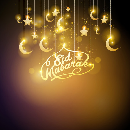 Eid Mubarak glow gold crescent and star islamic greeting banner backgroundのイラスト素材