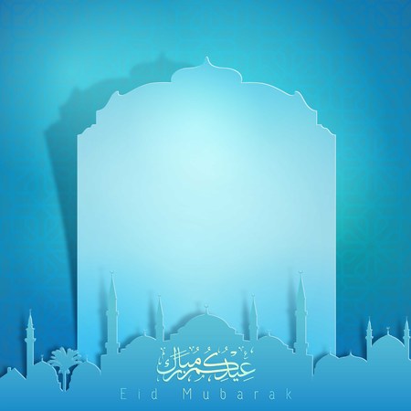 Eid Mubarak greeting card template with mosque silhouetteのイラスト素材