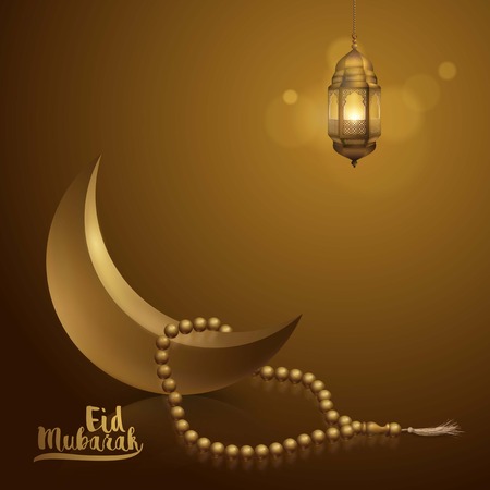 Eid Mubarak greeting card template islamic vector illustration arabic lantern crescent icon and prayed beadのイラスト素材