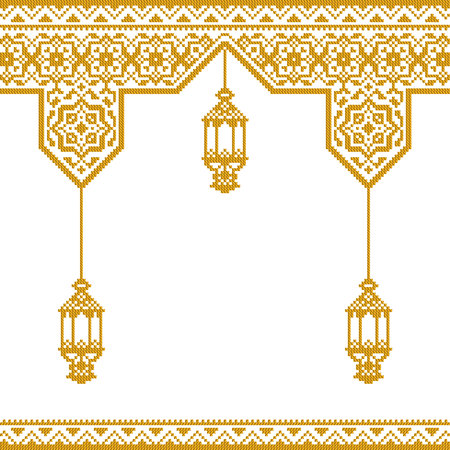 islamic greeting template with ethnic embroidery ornament and arabic lantern illustrationのイラスト素材