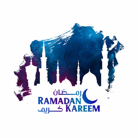 Ramadan Kareem islamic greeting card template with Nabawi mosque silhouette on watercolor brushのイラスト素材