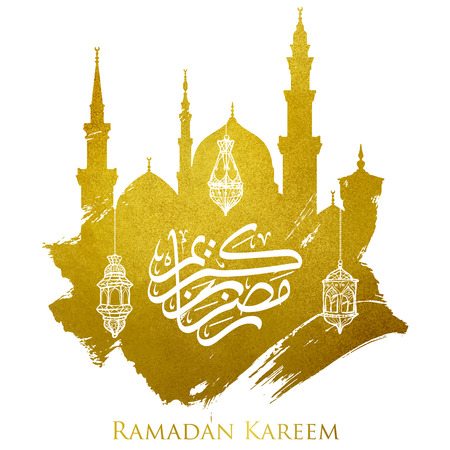 Ramadan kareem gold mosque silhouette and arabic calligraphy islamic backgroundのイラスト素材
