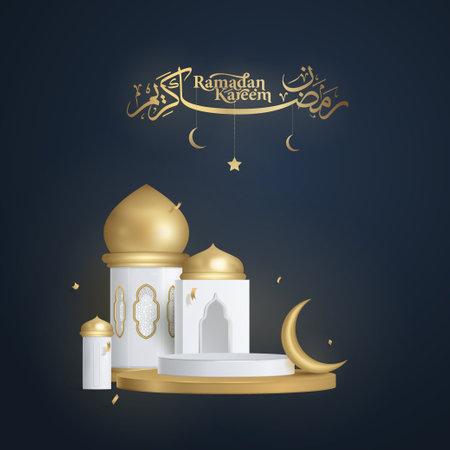 Ramadan kareem arabic calligraphy realistic mosque gold, podium and crescentのイラスト素材