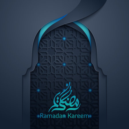 Ramadan kareem arabic calligraphy blue background geometric mosque doorのイラスト素材
