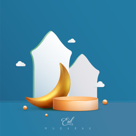 Eid mubarak gold crescent and podium illustrationのイラスト素材