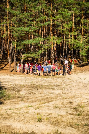 A group of young people teenagers in a pine forest play rest are competing verticalのeditorial素材