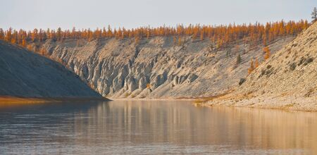 Autumn landscape on the Siberian river. Larch taiga in September on the banks of the river and in...