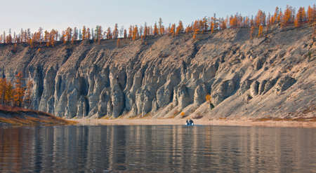 Autumn landscape on the Siberian river. Larch taiga in September on the banks of the river and in Evenkia. Krasnoyarsk region, Russia,の写真素材