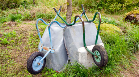 Two old garden carts are parked by a tree. Working aluminum carts for gardening stand at the trunk...