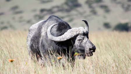 An African buffalo with muddy horns grazes in the savannah. Large lone buffalo bull among tall grass...