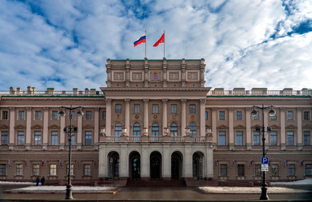 View of the facade of the Mariinsky Palace on St. Isaac's Square in Saint Petersburg. Palace of Sessions of the Legislative Assembly of the Northern Capital. Russiaのeditorial素材