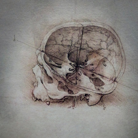Anatomical drawing by Leonardo da Vinci depicting human skull in sagittal section. Authentic drawing...