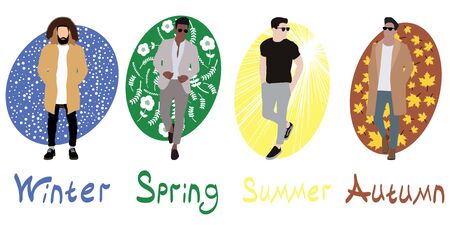 The illustration shows men against the background of different seasons.のイラスト素材