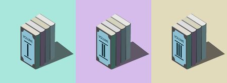 The illustration shows books on different backgrounds of different colors: green, purple, beige.のイラスト素材