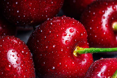 marco shot of a dark red cherry covered with fine water drops for a fresh and cool look, soft light...