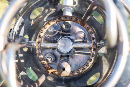 Close-up of a hot air balloon gas burner for propane gas, looking into the burner spiral and onto the gas valvesの写真素材