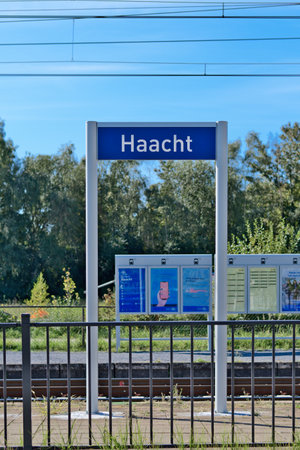 Haacht, Belgium - September 24, 2023. Haacht railway station name tag, High quality photoのeditorial素材