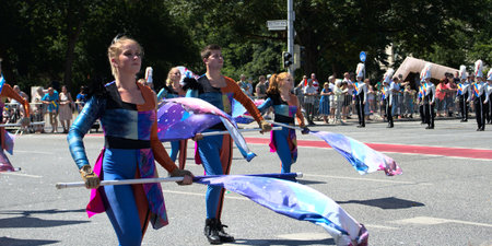 Hannover Germany July 2022 - Marksmen's Fair Hannover parade: girls waving bannersのeditorial素材