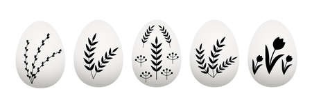 Set with white eggs with spring branches and flowers for easter isolated on a white background.のイラスト素材