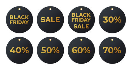 Black friday sales labels. Discount tags golden letters on a dark background collection. Vector set realistic stickers template with great deals.のイラスト素材