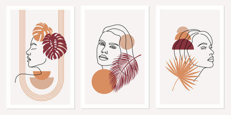 Collection of flyers with woman faces in line bohemian art style and geometric shapes. Promotion for social media stories, cards, flyers, posters, banners and others.のイラスト素材