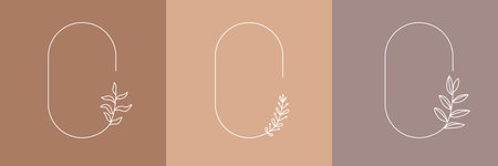 Set of vintage boho frames of branches. Hand drawn vector leaves decorative elements. Vector illustration.のイラスト素材